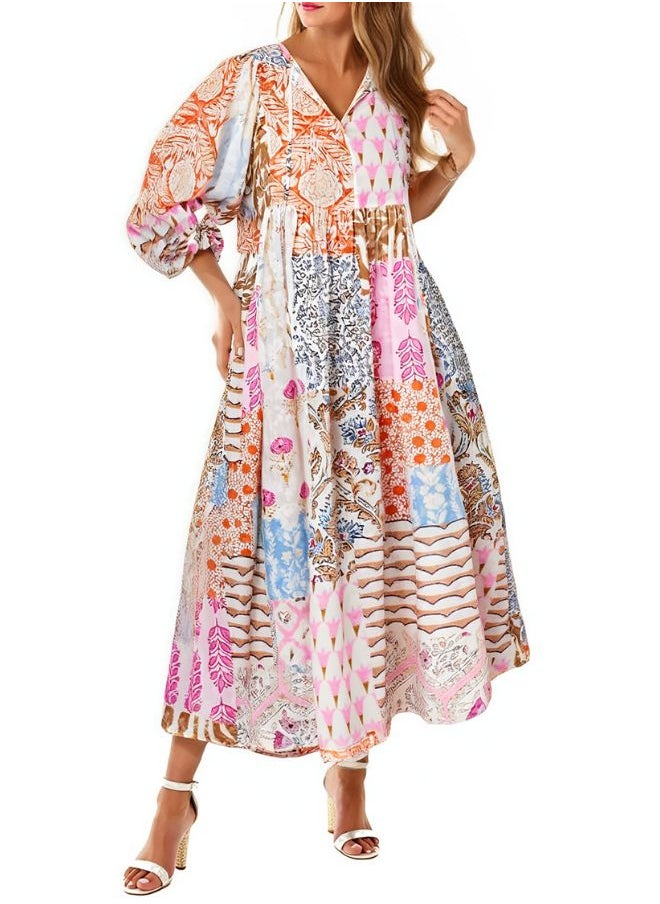 Tepveisoy Women's Summer Floral Print Loose Sundress Half Sleeve Beach Flowing Bohemian Maxi Dress  - Image 4