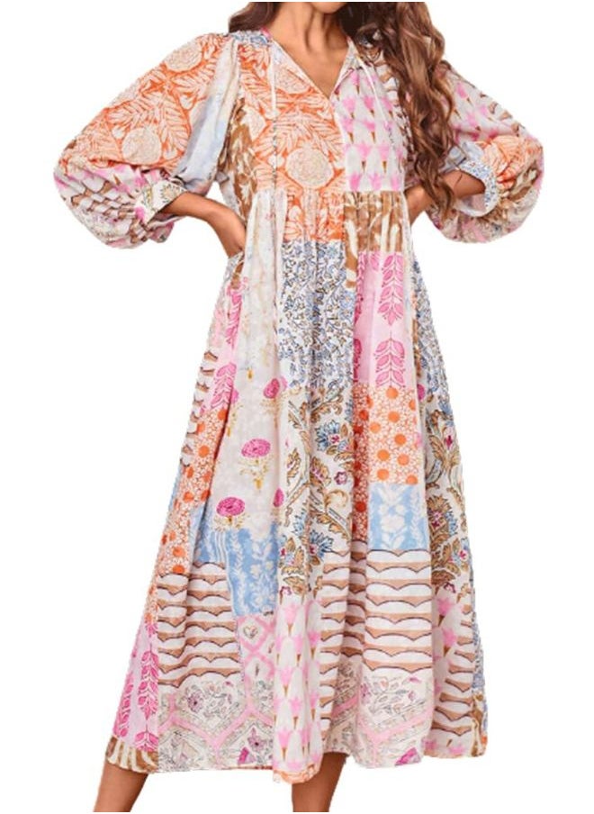Tepveisoy Women's Summer Floral Print Loose Sundress Half Sleeve Beach Flowing Bohemian Maxi Dress  - Image 1