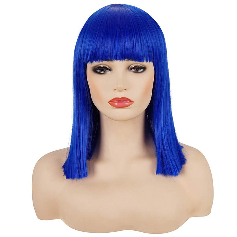 morvally Short Straight Bob Wig Heat Resistant Hair with Blunt Bangs Natural Looking Cosplay Costume Daily Wigs 14 Blue