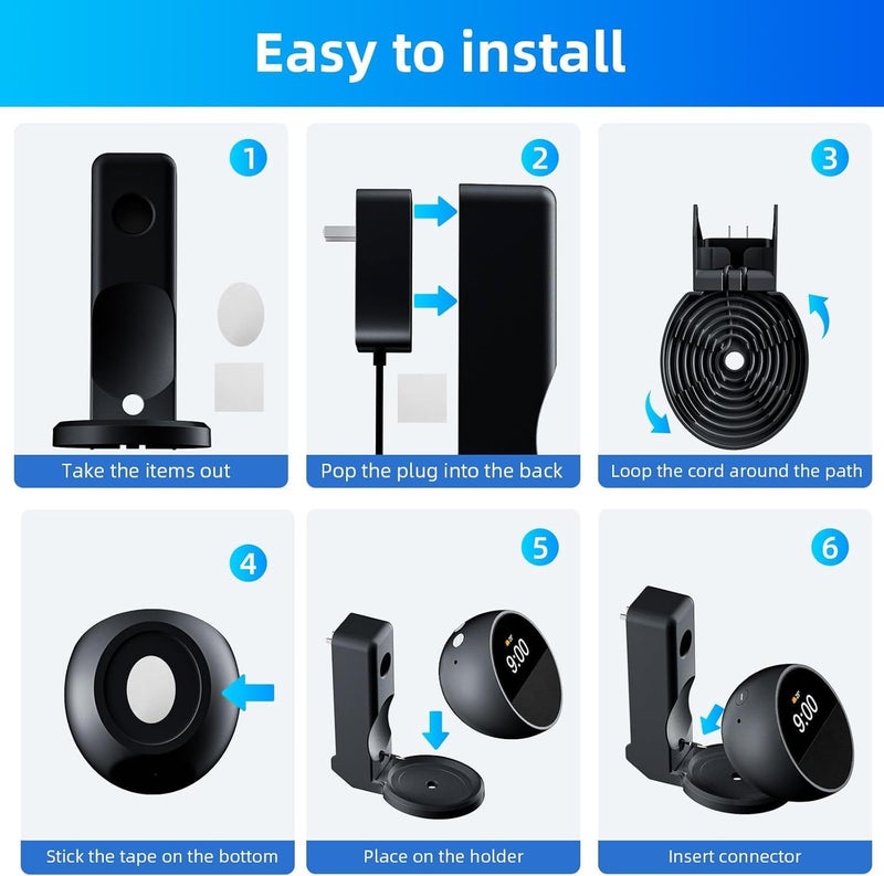 Wall Mount for Echo Spot, Echo Spot Wall Mount Speaker Stand Holder No Screws and Drill Needed Cable Hidden Storage (Echo Spot Black) - Image 4