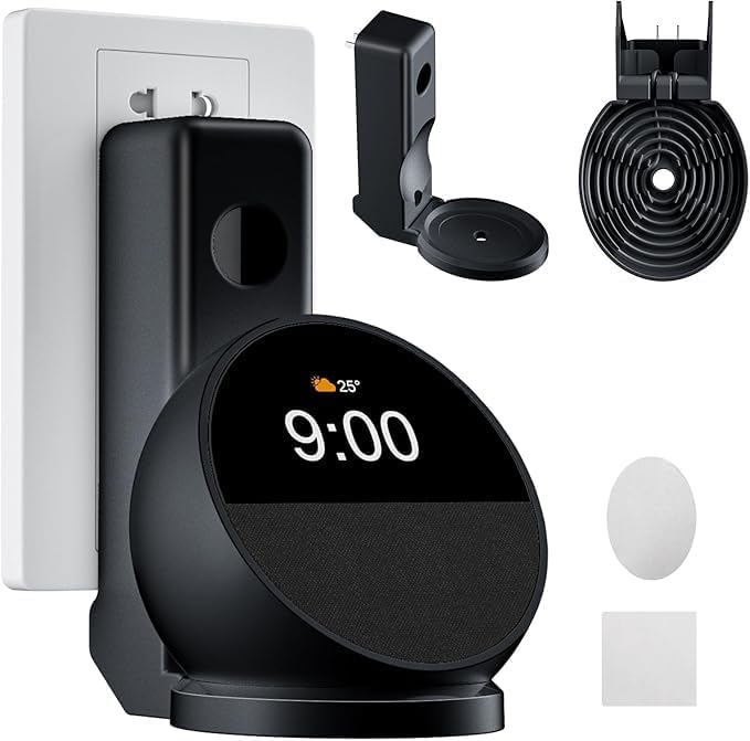 Wall Mount for Echo Spot, Echo Spot Wall Mount Speaker Stand Holder No Screws and Drill Needed Cable Hidden Storage (Echo Spot Black) - Image 1