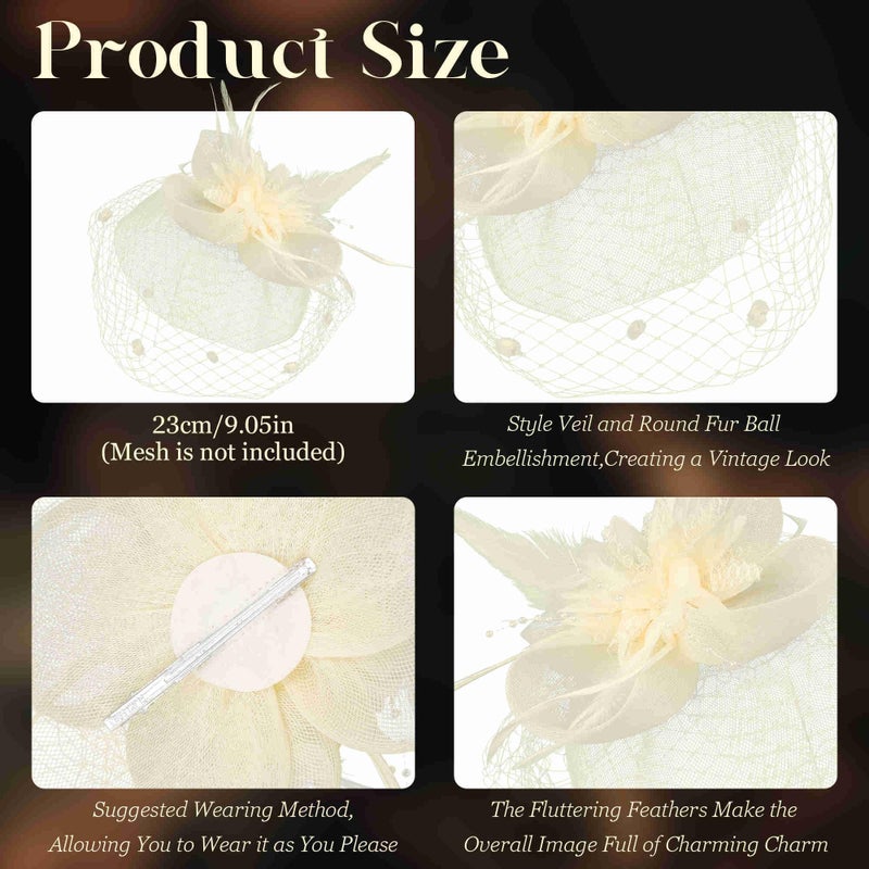 Masedy Fascinators Hats for Women Tea Party Hat Feather Mesh Headband Vintage Lace Headwear Veil Hair Clip Church Beige - Image 2