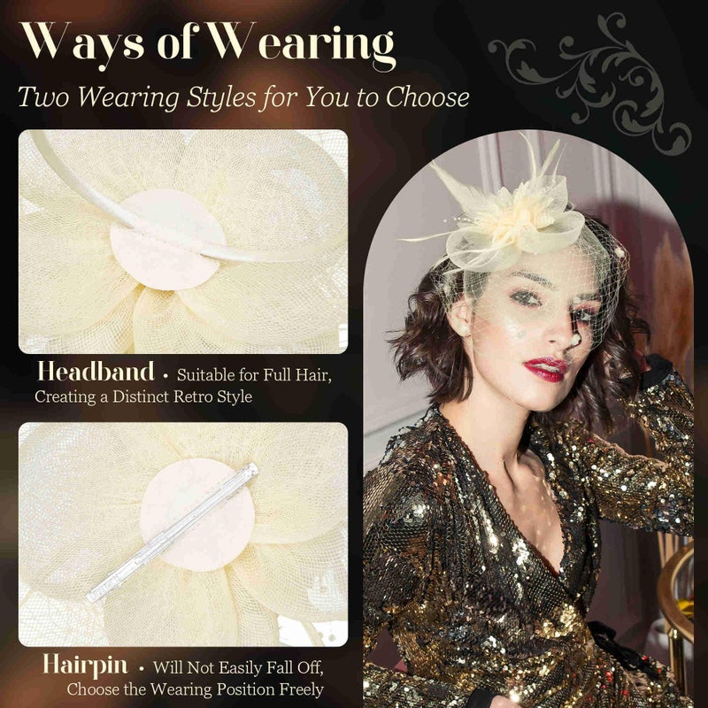 Masedy Fascinators Hats for Women Tea Party Hat Feather Mesh Headband Vintage Lace Headwear Veil Hair Clip Church Beige - Image 3