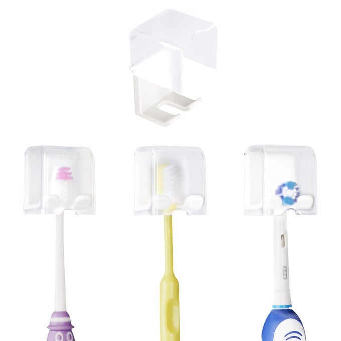 4 PCS TOOTHBRUSH HOLDER WALL MOUNTED WITH COVER FOR BATHROOM SELF ADHESIVE TOOTHBRUSH STORAGE ORGANIZER FOR SHOWER MINI TOOTHBRUSH HANGER RACK FOR DORM CABINET