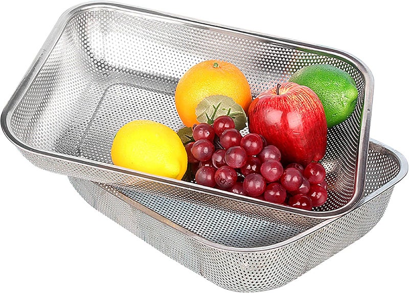 Cedilis 2 Pack Large Stainless Steel Colander Strainer, 6 Quart Mesh Vegetable Washing Basket, Rectangle Drainer Sink Basket for Vegetable Fruit Food (15" x 11" x 2.6") - Image 1
