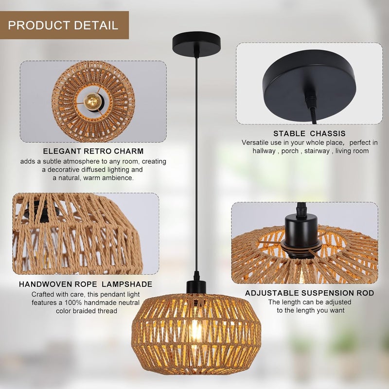 Garwarm Gawarm Rattan Pendant Light Fixture Ceiling Bohemian Chandelier rattan ceiling lamp Flush Mount Hanging Light Fixture Woven Lamp Shade ceiling light for Kitchen Island Hallway Bedroom Dinning 29cm - Image 2