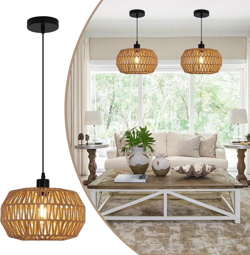 Garwarm Gawarm Rattan Pendant Light Fixture Ceiling Bohemian Chandelier rattan ceiling lamp Flush Mount Hanging Light Fixture Woven Lamp Shade ceiling light for Kitchen Island Hallway Bedroom Dinning 29cm - Image 1