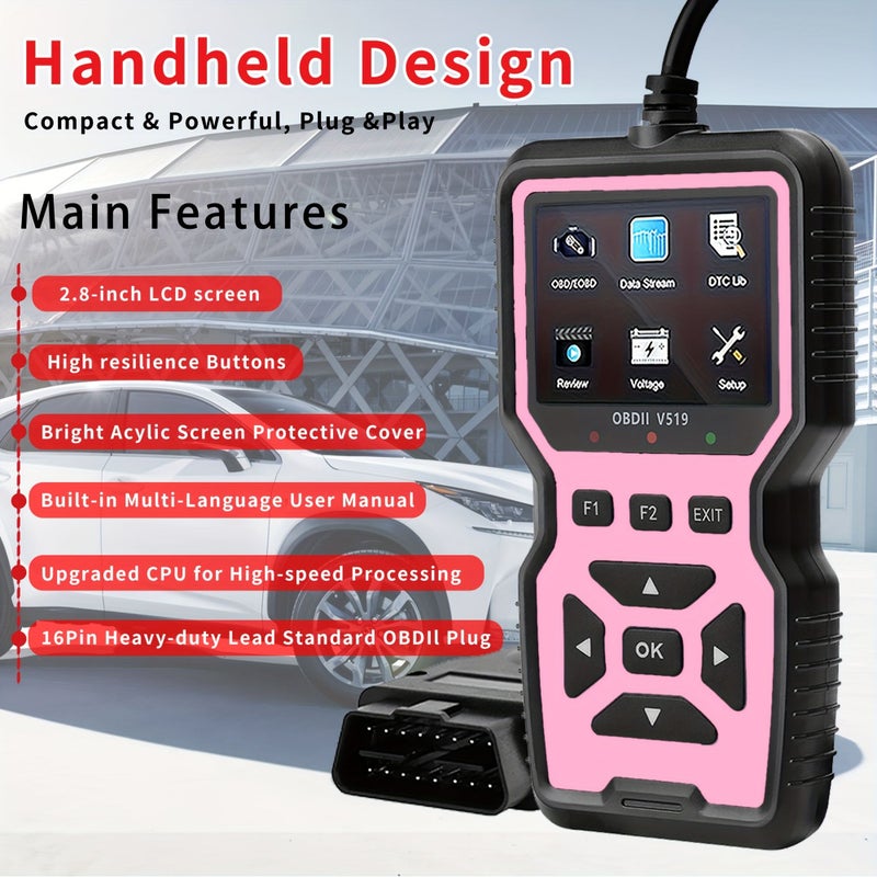 V519 Car Diagnostic Scanner Pink OBD2 EOBD Fast Fault Code Reader One Click Diagnosis Easy Operation for Mechanics Multi Language Support Suitable for 99 Percent Vehicles Home Garage Auto Repair Shop - Image 4