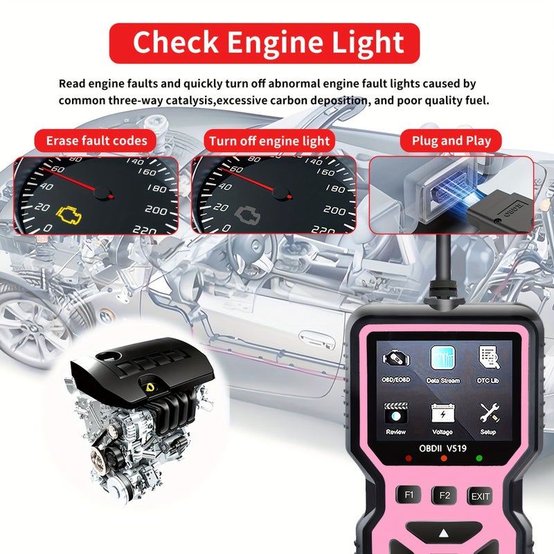 V519 Car Diagnostic Scanner Pink OBD2 EOBD Fast Fault Code Reader One Click Diagnosis Easy Operation for Mechanics Multi Language Support Suitable for 99 Percent Vehicles Home Garage Auto Repair Shop - Image 5