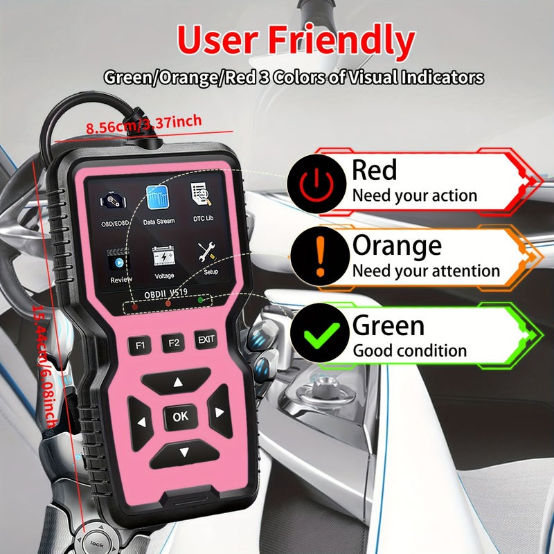 V519 Car Diagnostic Scanner Pink OBD2 EOBD Fast Fault Code Reader One Click Diagnosis Easy Operation for Mechanics Multi Language Support Suitable for 99 Percent Vehicles Home Garage Auto Repair Shop - Image 2