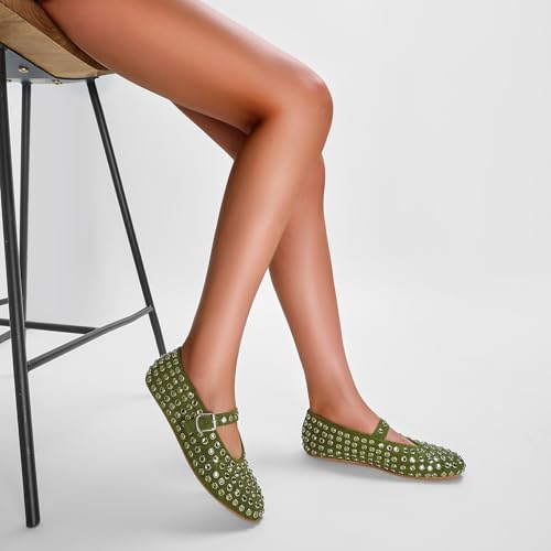 CAGLGLZ Rhinestone Ballet Flats for Women Sparkly Crystals Ballerina Shoes Women's Buckled Strap Mary Jane Flat Comfort Casual Low Heels (Green,11) - Image 4
