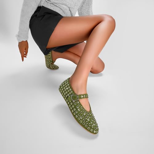 CAGLGLZ Rhinestone Ballet Flats for Women Sparkly Crystals Ballerina Shoes Women's Buckled Strap Mary Jane Flat Comfort Casual Low Heels (Green,11) - Image 3