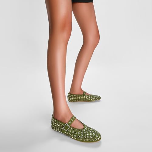 CAGLGLZ Rhinestone Ballet Flats for Women Sparkly Crystals Ballerina Shoes Women's Buckled Strap Mary Jane Flat Comfort Casual Low Heels (Green,11) - Image 2