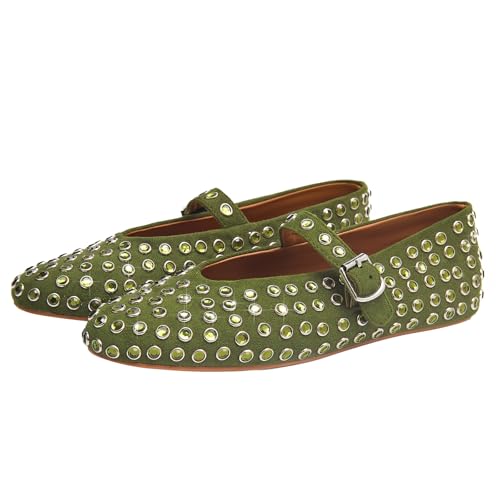 CAGLGLZ Rhinestone Ballet Flats for Women Sparkly Crystals Ballerina Shoes Women's Buckled Strap Mary Jane Flat Comfort Casual Low Heels (Green,11) - Image 1