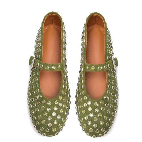CAGLGLZ Rhinestone Ballet Flats for Women Sparkly Crystals Ballerina Shoes Women's Buckled Strap Mary Jane Flat Comfort Casual Low Heels (Green,11) - Image 5