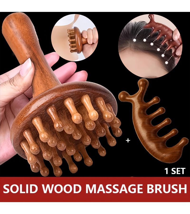 1 Set Solid Wood Massage Brush And Head Massager For Shoulder Neck Waist Abdomen Limbs Massage Post Exercise Myofascial Release Full Body Relaxation Tool - Image 1