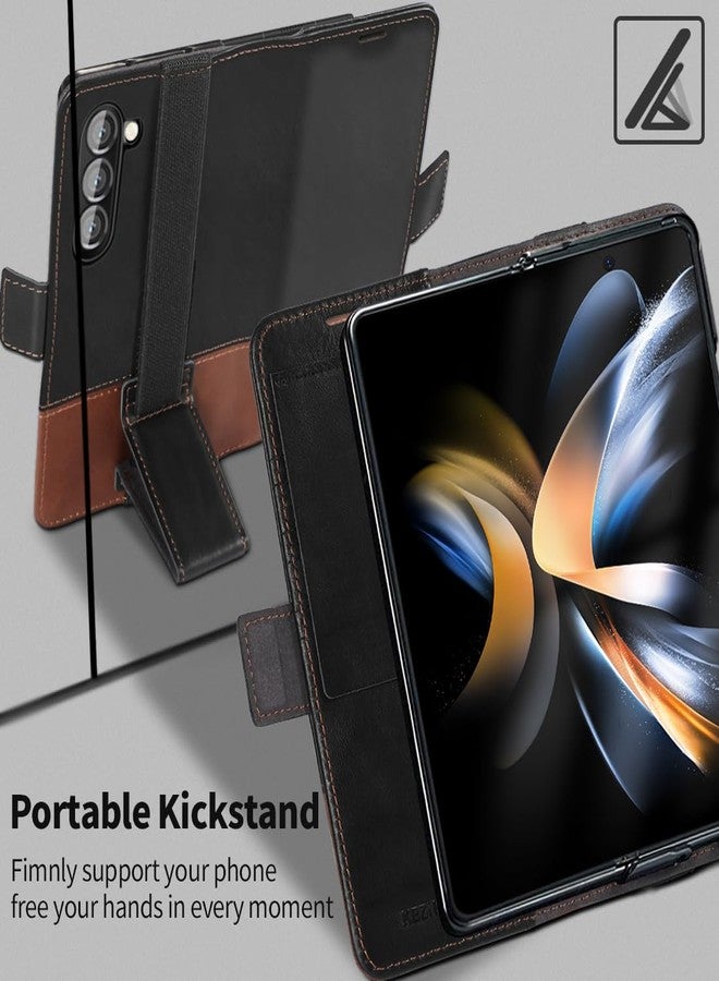 كيزي هوم جراب KEZiHOME لهاتف Samsung Galaxy Z Fold 6، جراب محفظة من الجلد الأصلي [مانع لترددات الراديو] مع فتحات للبطاقات وحامل قابل للطي وغطاء حماية للهاتف متوافق مع Galaxy Z Fold 6 5G (أسود/بني) - Image 3