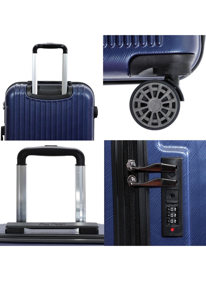 بيج ديزاين مجموعة حقائب سفر من 3 قطع Biggdesign، حقائب 100% ABS بقشرة صلبة مع عجلات دوارة 360°، حقيبة سفر، نظام قفل TSA، خفيفة الوزن، سعة تحميل 20 - 30 - 45 كجم، لون أزرق كحلي. - Image 2