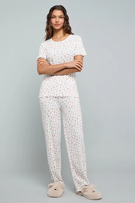 أر أند بي Printed Sleep Top With Round Neck and Short Sleeves