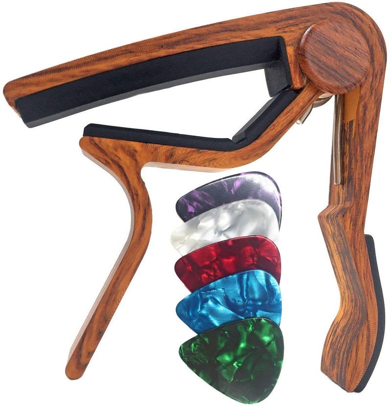 WINGO Guitar Capo for Acoustic and Electric Guitars - Rosewood Color with 5 Picks - Image 1