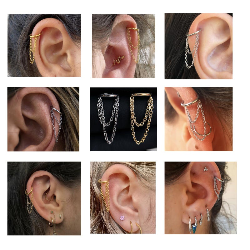 ENONTY 16G Titanium Cartilage Earrings Hoop 7mm 9mm Helix Piercing Jewelry with Single/Double/Triple Chains Hypoallergenic Hinged Clicker (polish 2 chains 9mm) - Image 5
