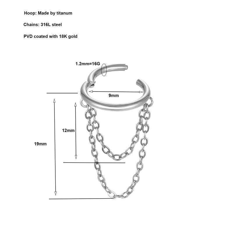 ENONTY 16G Titanium Cartilage Earrings Hoop 7mm 9mm Helix Piercing Jewelry with Single/Double/Triple Chains Hypoallergenic Hinged Clicker (polish 2 chains 9mm) - Image 2