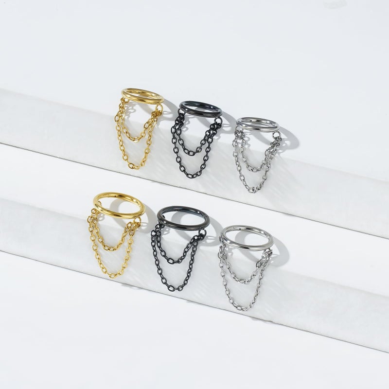 ENONTY 16G Titanium Cartilage Earrings Hoop 7mm 9mm Helix Piercing Jewelry with Single/Double/Triple Chains Hypoallergenic Hinged Clicker (polish 2 chains 9mm) - Image 3