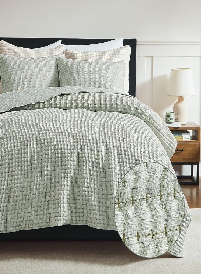 WDCOZY Sage Green Pick Stitch King Size Quilt Set, Striped Lightweight Soft Summer Spring Bedspread, Bamboo Linen Like Textured Coverlet, Chambray Farmhouse Country Rustic Thin Bedding Comforter - Image 2