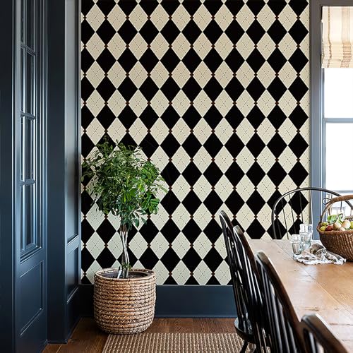 Simon&Siff Retro Checkered Peel and Stick Wallpaper Black and White Wallpaper Vintage Plaid British Geometric Wall Paper for Bathroom Kitchen Cabinet Contact Paper 17.3"x78" - Image 5