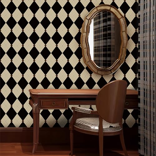 Simon&Siff Retro Checkered Peel and Stick Wallpaper Black and White Wallpaper Vintage Plaid British Geometric Wall Paper for Bathroom Kitchen Cabinet Contact Paper 17.3"x78" - Image 1