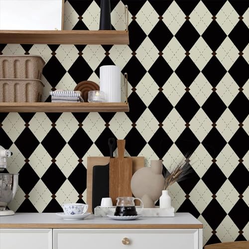 Simon&Siff Retro Checkered Peel and Stick Wallpaper Black and White Wallpaper Vintage Plaid British Geometric Wall Paper for Bathroom Kitchen Cabinet Contact Paper 17.3"x78" - Image 2