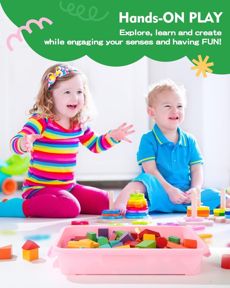AtMini Sensory Bin Sand Tray with Lid for Toddlers 2 Pcs 15in Portable Sandbox Toy Large Plastic Tray for Kids 3 4 5 6 Fill with Sand, Water, Beads, and More (2 Pink) - Image 4