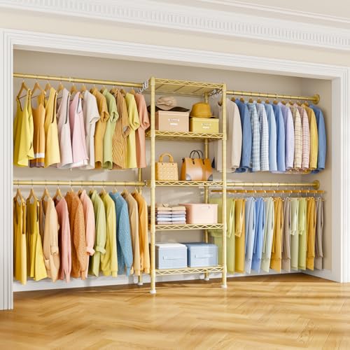 Ulif M2 Wall-Mounted Clothes Rack, Metal Closet System with 4 Expandable Hanger Rods and 5 Metal Shelves, Mount-on-Wall Clothing Storage Organizer in (70.8-102.3)" L x 14.5" D x 71.2" H, Gold - Image 1