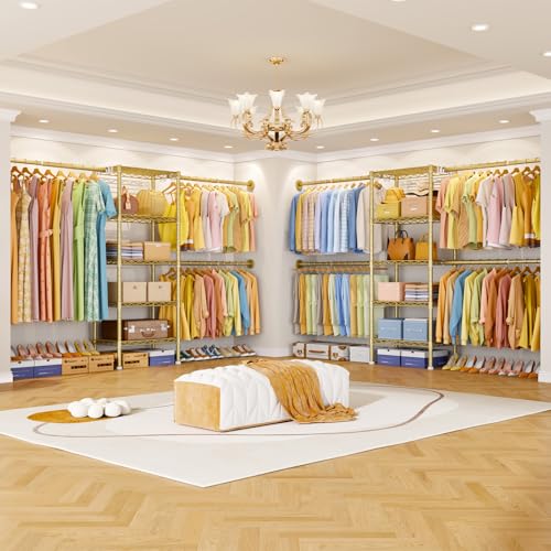 Ulif M2 Wall-Mounted Clothes Rack, Metal Closet System with 4 Expandable Hanger Rods and 5 Metal Shelves, Mount-on-Wall Clothing Storage Organizer in (70.8-102.3)" L x 14.5" D x 71.2" H, Gold - Image 5
