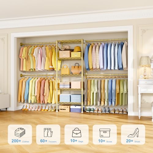 Ulif M2 Wall-Mounted Clothes Rack, Metal Closet System with 4 Expandable Hanger Rods and 5 Metal Shelves, Mount-on-Wall Clothing Storage Organizer in (70.8-102.3)" L x 14.5" D x 71.2" H, Gold - Image 4