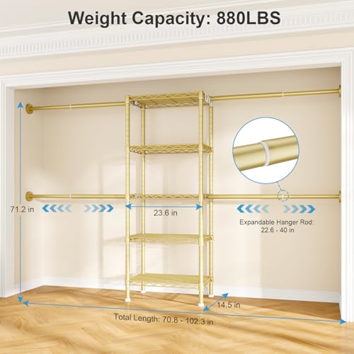 Ulif M2 Wall-Mounted Clothes Rack, Metal Closet System with 4 Expandable Hanger Rods and 5 Metal Shelves, Mount-on-Wall Clothing Storage Organizer in (70.8-102.3)" L x 14.5" D x 71.2" H, Gold - Image 2