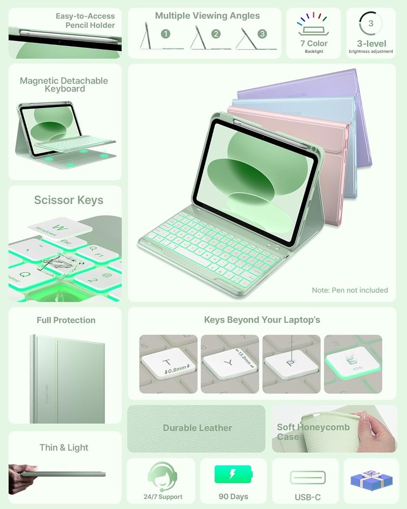 typecase حافظة لوحة مفاتيح من نوع لجهاز iPad الجيل العاشر بحجم 10.9 بوصة (2022) وiPad الجيل الحادي عشر (A16، 2025)، تحتوي على لوحة مفاتيح لاسلكية قابلة للفصل، مزودة بإضاءة خلفية بسبعة ألوان، نحيفة وخفيفة، وتحتوي على مسند قلم – اللون الوردي - Image 3