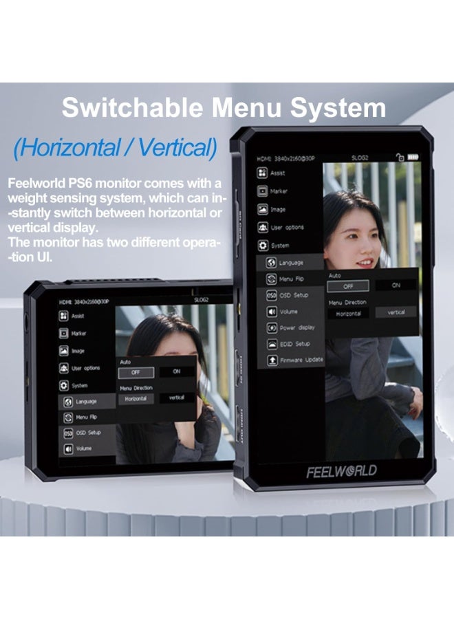 فيل وورلد شاشة Feelworld PS6 OLED عمودية مقاس 5.5 بوصة للكاميرا – شاشة مراقبة احترافية تعمل باللمس مع عرض عمودي ودعم HDMI 4K وأدوات مراقبة فيديو متقدمة - Image 2