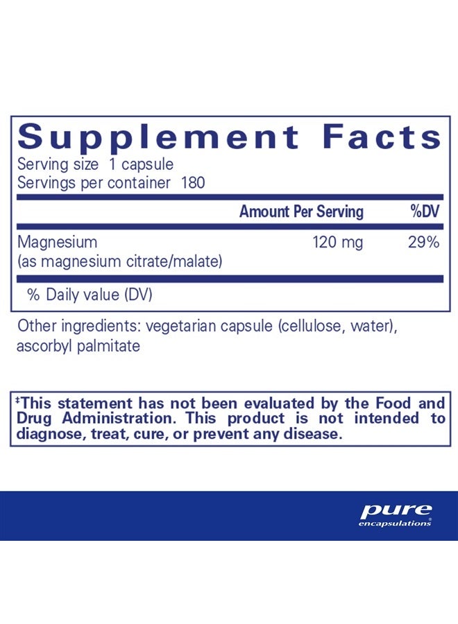 Pure Encapsulations Magnesium (Citrate/Malate) - Magnesium Supplement to Support Nutrient Utilization, Energy, Bones & Heart Health* - with Magnesium Citrate & Malate - 180 Capsules - Image 2