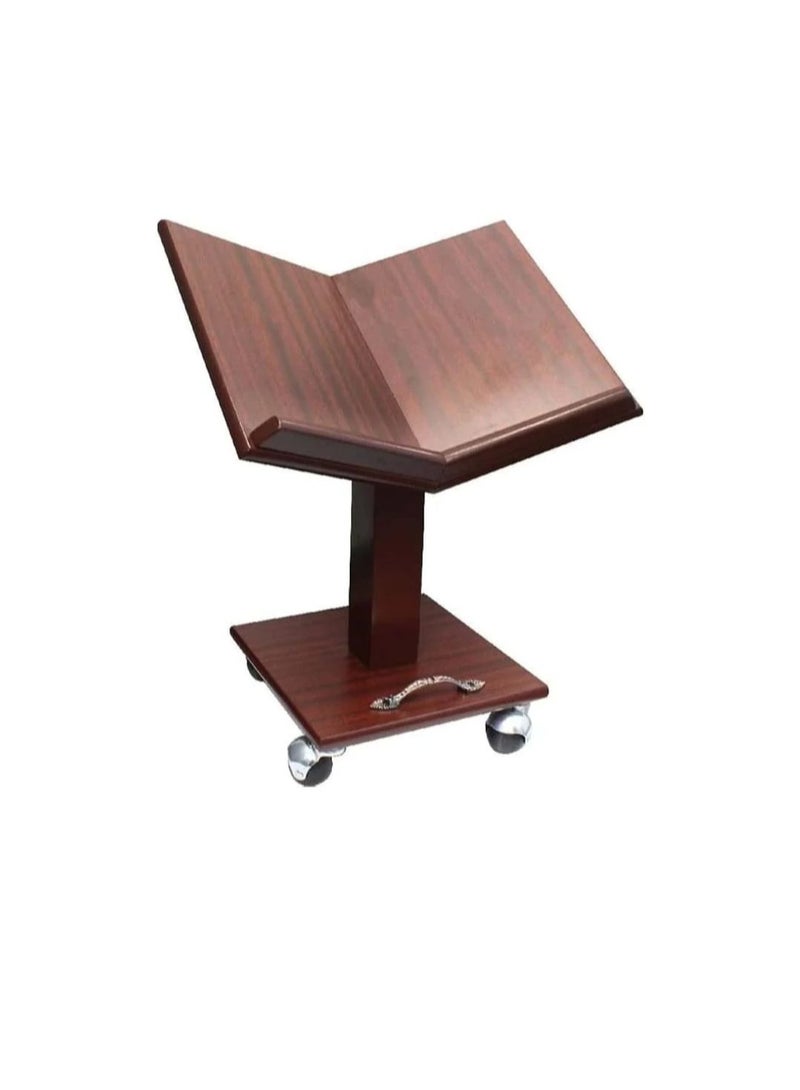 A movable wooden Qur’an stand and holder with wheels, brown, size 45 cm
