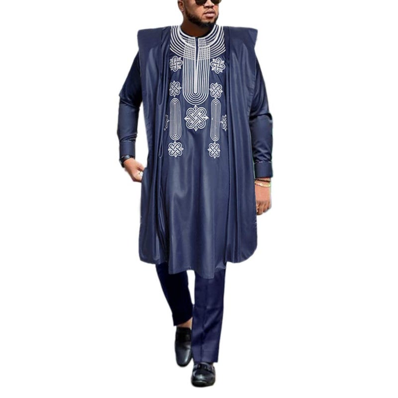 HD African Apparel Agbada Clothing Embroidery Dashiki Shirts and Pants African Men Outfits 3 Pieces Blue XL