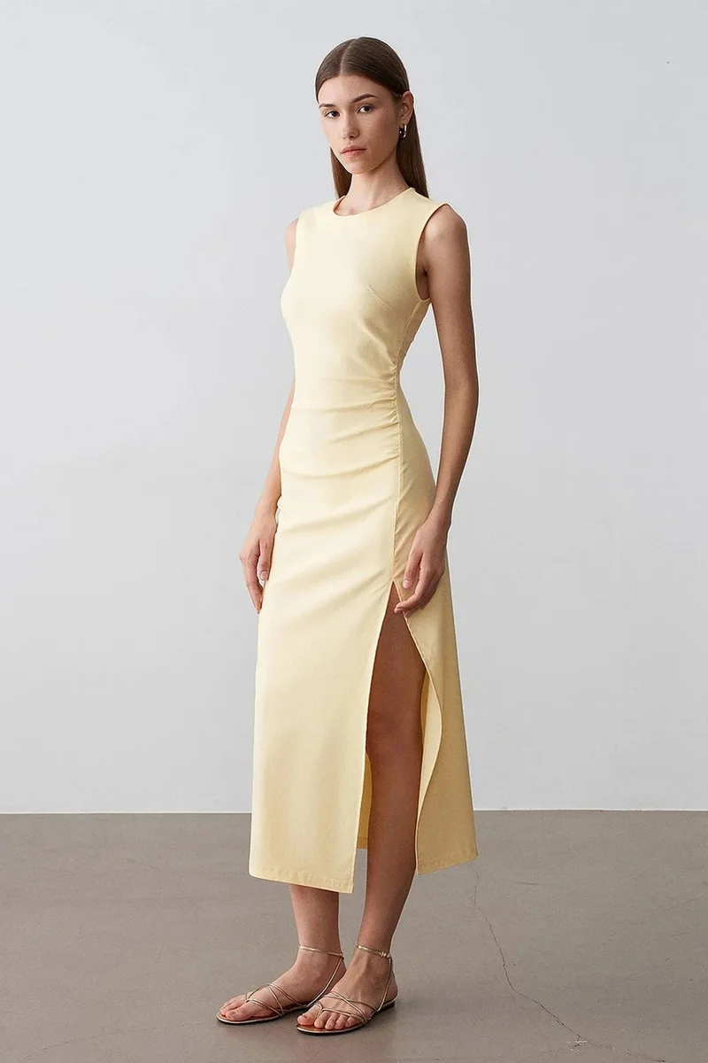 Dilvin Lemon Yellow DILVIN Fitted Sleeveless Midi Dress With Slit for Women | Best Price UAE