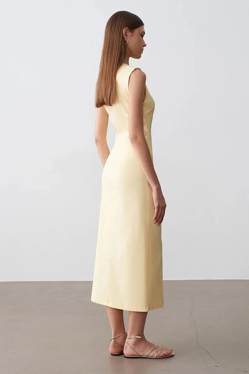 Dilvin Lemon Yellow DILVIN Fitted Sleeveless Midi Dress With Slit for Women | Best Price UAE