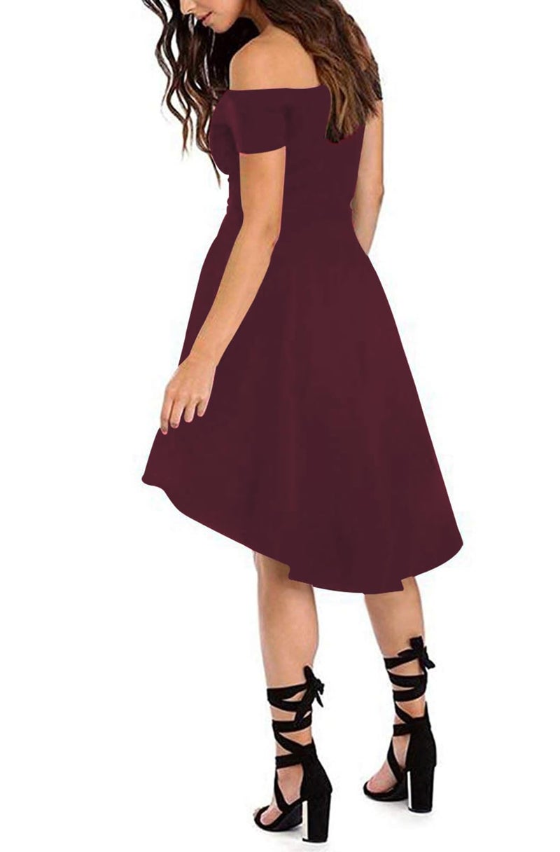 Sarin Mathews Women Off The Shoulder Short Sleeve High Low Cocktail Skater Dress Burgundy M - Image 2