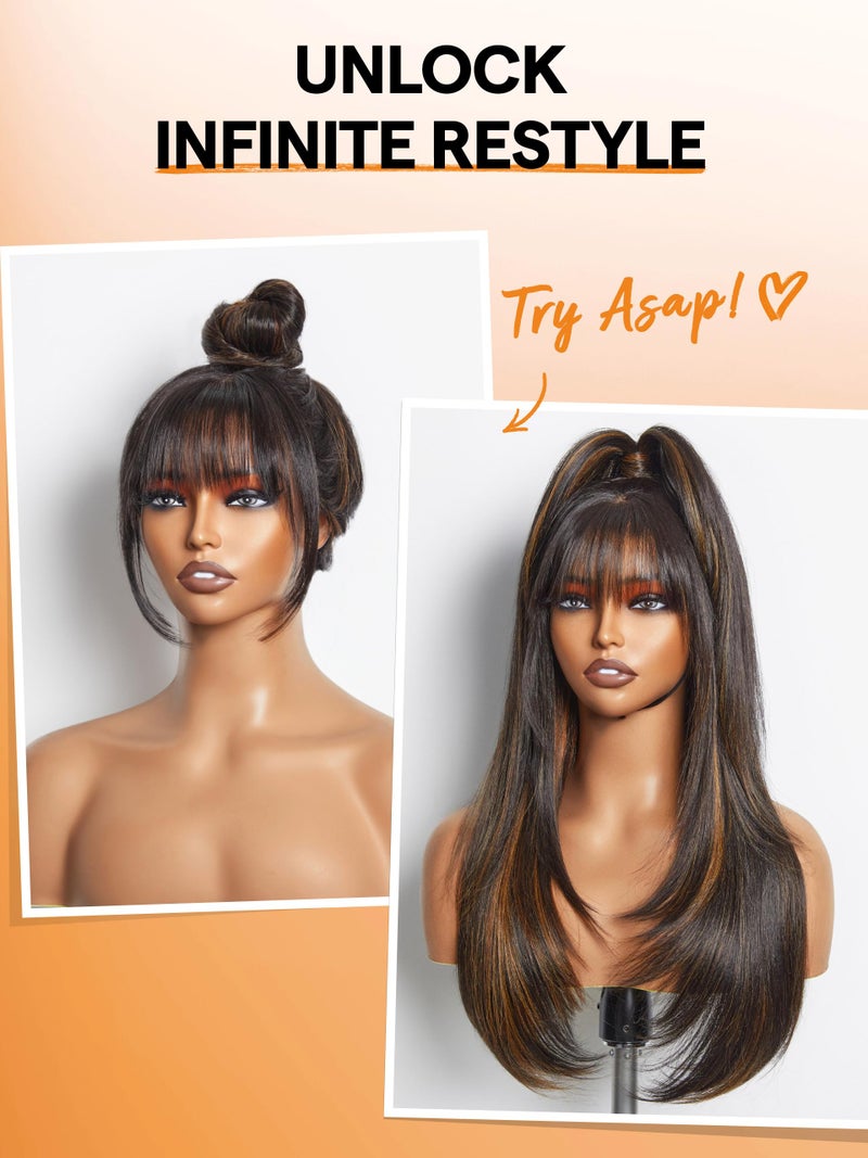 GORGIUS Highlight Straight Layered Wigs with Bangs Glueless Black Mixed Brown Wig 22 Inch Put On Go Wigs Crafted with Style-Archive Premium Fiber Natural Hairline - Image 2