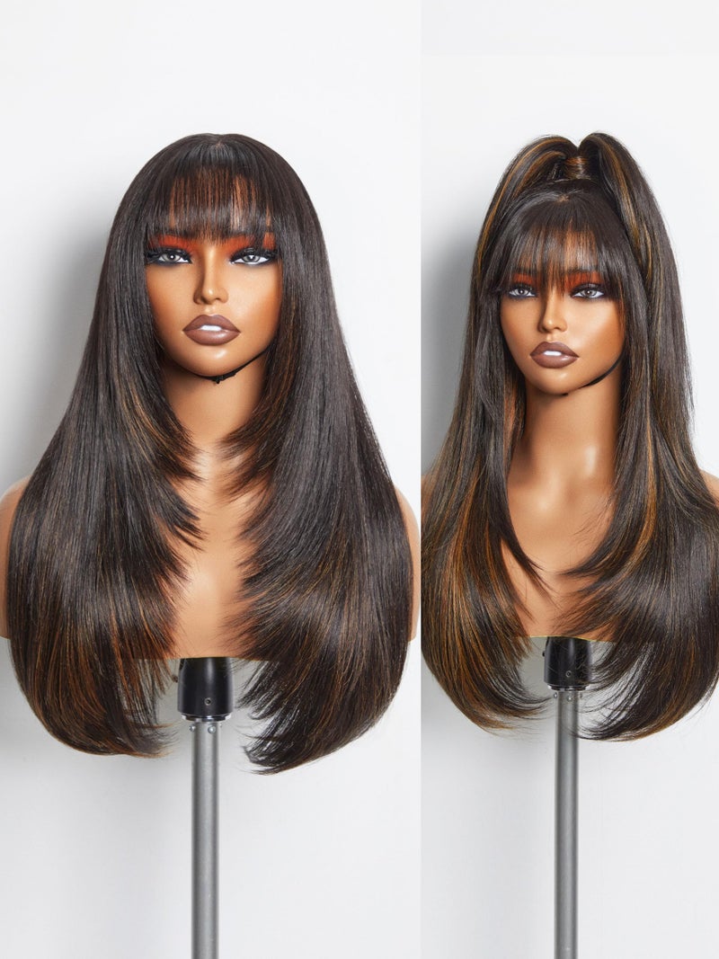 GORGIUS Highlight Straight Layered Wigs with Bangs Glueless Black Mixed Brown Wig 22 Inch Put On Go Wigs Crafted with Style-Archive Premium Fiber Natural Hairline - Image 1