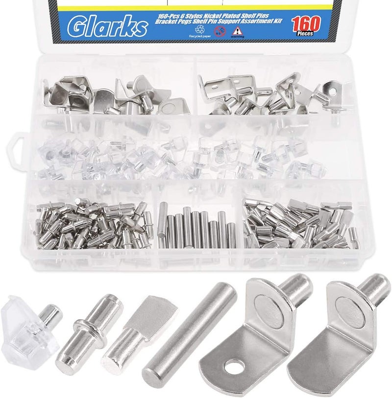 Glarks 160Pcs 6 Styles Shelf Support Kit - Nickel Pegs, PVC Pins, Flat Spoon, Cylindrical Holder, L-Shaped Bracket and Dowel for Cabinets - Image 1