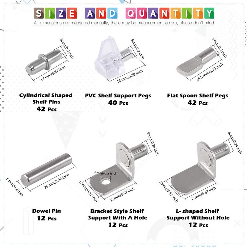 Glarks 160Pcs 6 Styles Shelf Support Kit - Nickel Pegs, PVC Pins, Flat Spoon, Cylindrical Holder, L-Shaped Bracket and Dowel for Cabinets - Image 2