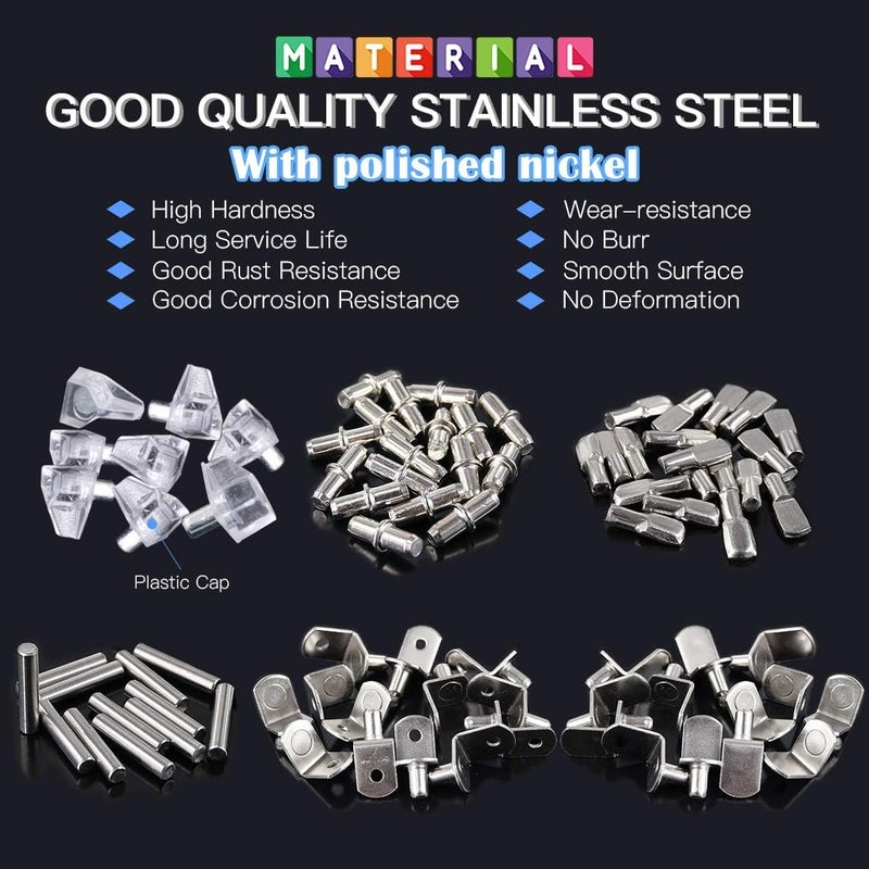 Glarks 160Pcs 6 Styles Shelf Support Kit - Nickel Pegs, PVC Pins, Flat Spoon, Cylindrical Holder, L-Shaped Bracket and Dowel for Cabinets - Image 3