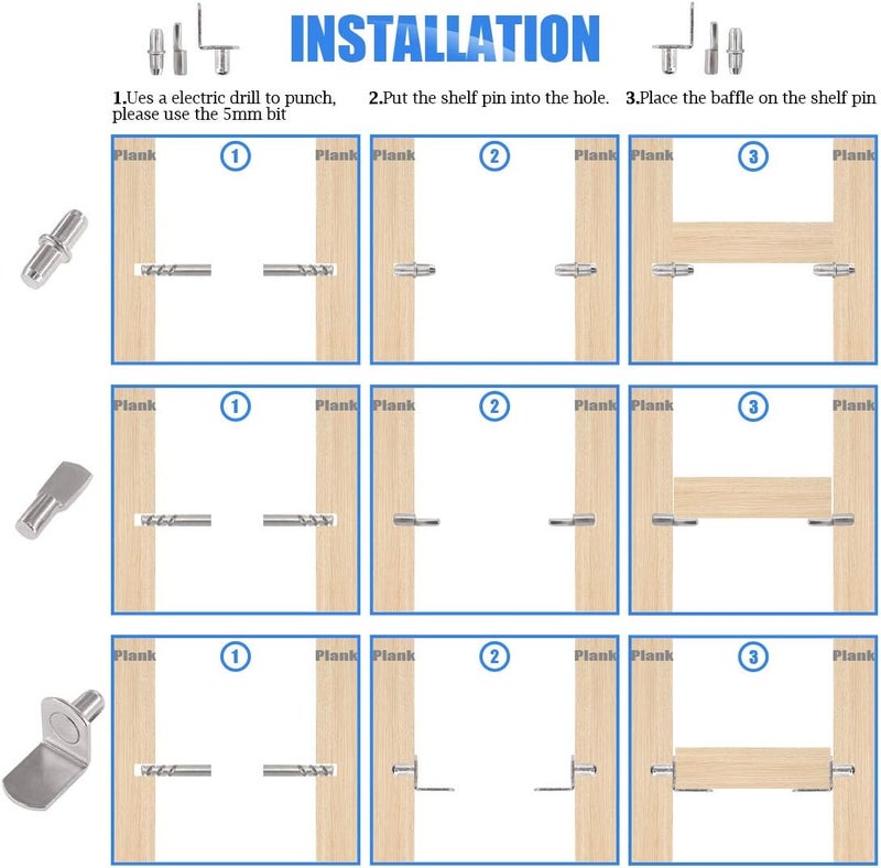 Glarks 160Pcs 6 Styles Shelf Support Kit - Nickel Pegs, PVC Pins, Flat Spoon, Cylindrical Holder, L-Shaped Bracket and Dowel for Cabinets - Image 4